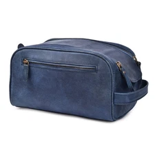 BLUE Genuine Leather Toiletry Bag For Men Women Dopp Kit Shaving Case - Large