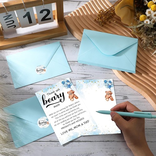 Kisston 50 Sets Bear Baby Shower Thank You Cards 50 Envelopes and Stickers BLUE - Picture 4 of 7