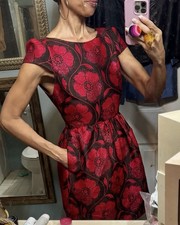 Alice + Olivia Red Black Metallic Puff Sleeve Dress Cap Plunge Back Pockets 4 S