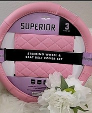 Superior 3pc Set Pink Bling Steering Wheel And Seat Belt Cover Set For Women