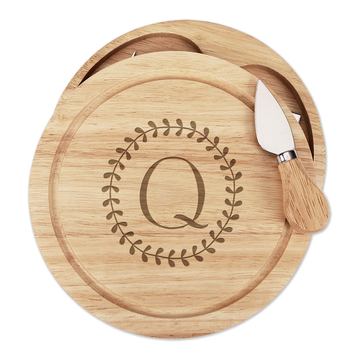 Letter Q Floral Wreath Alphabet Cheese Board Knife Set Flowers