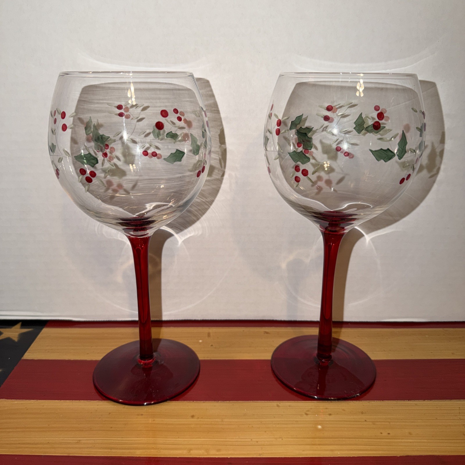 Pair Of Pfaltzgraff WINTERBERRY Etched Hand Painted Wine Glasses