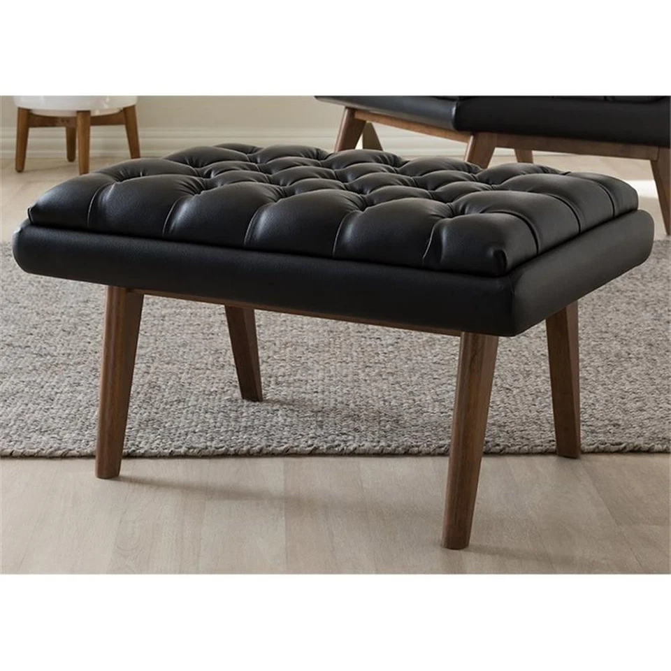 Baxton Studio Annetha Faux Leather Ottoman in Black and Walnut - Image 2 of 4