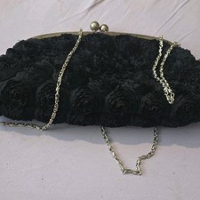 Black Rosette Floral Kiss Lock Clutch Silver Chain Strap Party Formal
