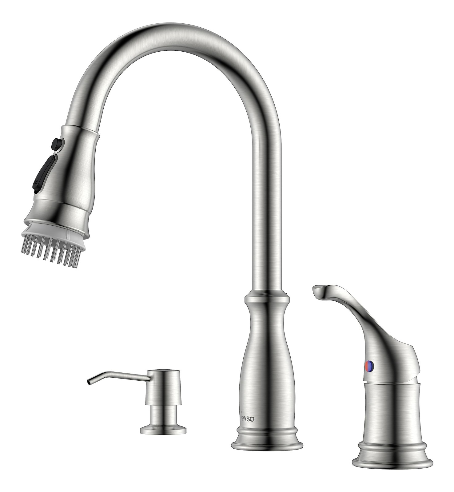 3 Hole Kitchen Faucet with Pull Down Sprayer Stainless Steel Brushed Nickel, 2