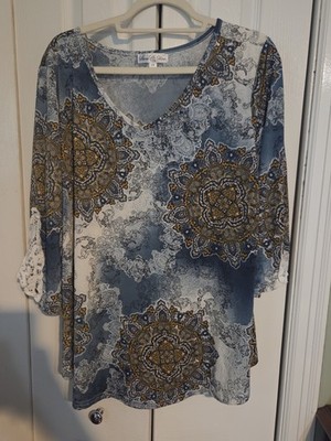 Stem & Vine Size 2X Floral 3/4 Sleeve Multicolor Blouse White Lace Trim V-Neck