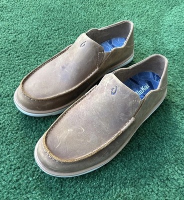 Mens OluKai Kalia Leather Slip On Shoes Size 8 Tan/Tan Nubuck Loafers