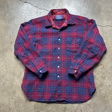 1970s Vintage Pendleton Wool Plaid Flannel Red Blue Made in USA XL