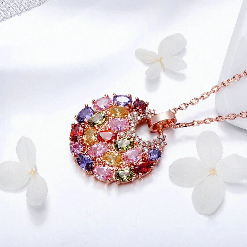 Lucky Clover Peridot 紫水晶石榴石宝石玫瑰金女式项链吊坠 — 第 2/4 张图片