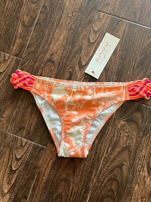 NWT ROXY PEACH CORAL PALM  CROCHET BRAIDED SIDES SCOOTER BIKINI BOTTOM MEDIUM