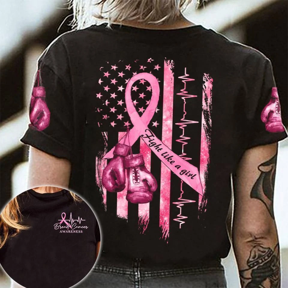 Fight Like A Girl Breast Cancer Awareness Ribbon Boxing Gloves And Heart T-SHIRT