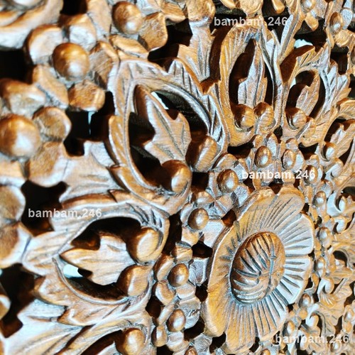 24" Flower Floral Natural Teak Wood Carving Wall Art Round Wall Decor Wall Hangi - Picture 5 of 6