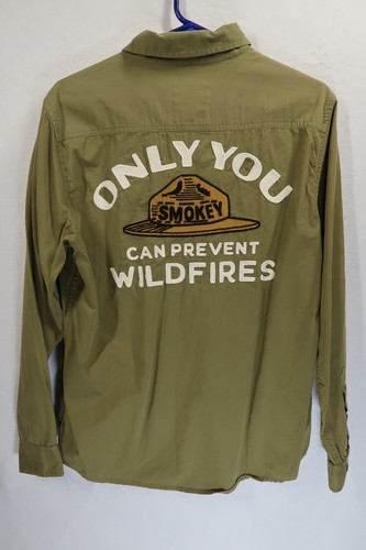 American Needle Olive Green Smokey Bear Chainstitch Button Front Shirt Sz M - Picture 8 of 9