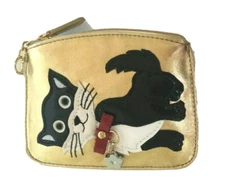 sharif 1827 gold leather cat coin purse pouch clutch ID wallet zip keyring new