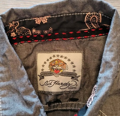 Ed Hardy Shirt Men's Size M Skull Snake Graphic Silver Button Long Sleeve Gray - Picture 6 of 11