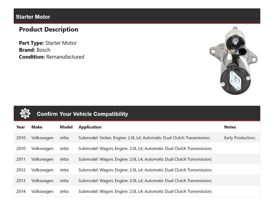 适用于 2010 - 2014 年大众捷达 2.0L L4 博世入门(重新制造)2011 2012 — 第 2/4 张图片