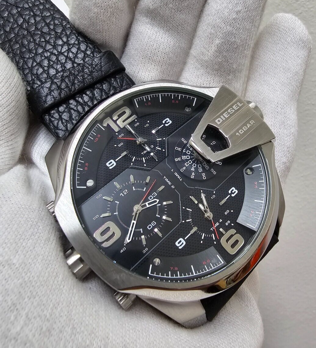 Diesel DZ7376 Uber Chief 55mm Men's 4 Time Zones Black Leather