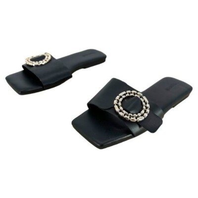Open Edit | Lely 6.5 Black Flat Sandals Slides