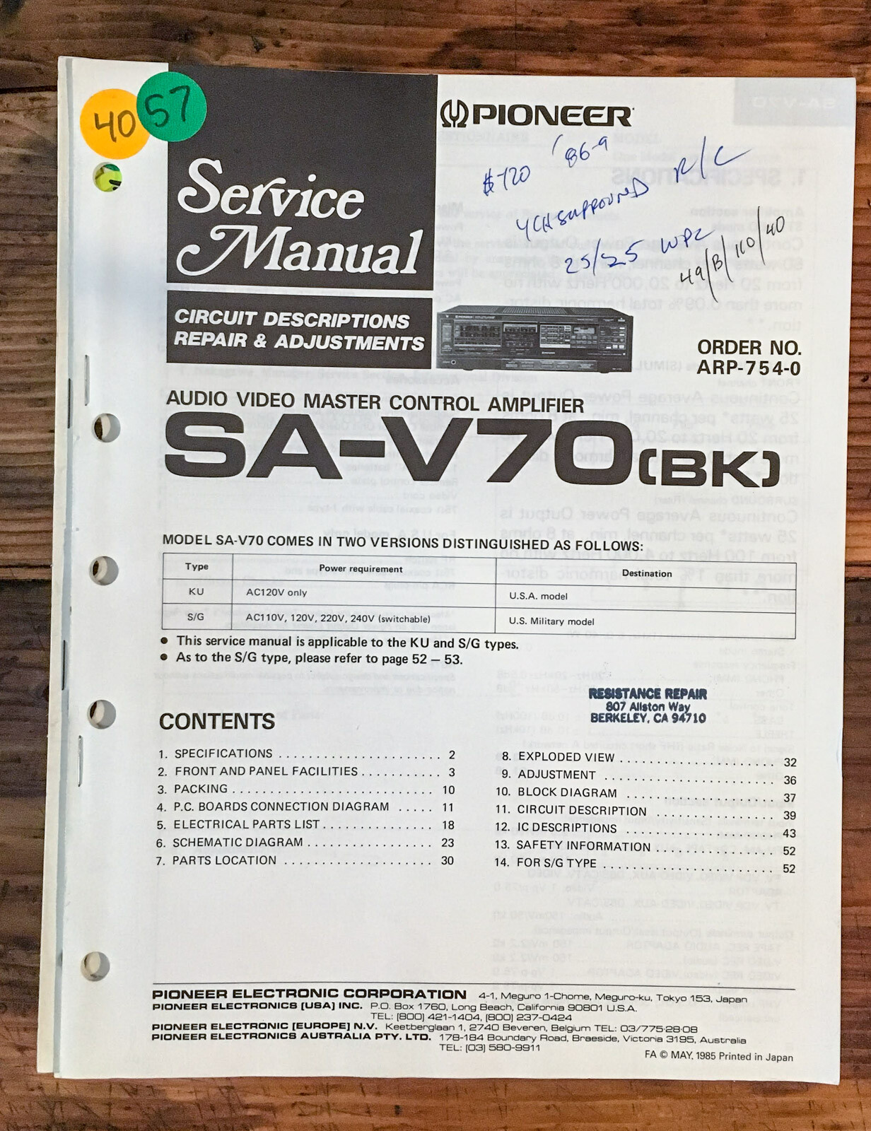 Pioneer SA-V70 Amplifier Service Manual *Original*