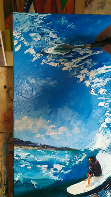 Original Oil Painting Big Sea Wave And Surfer Art on Canvas Modern