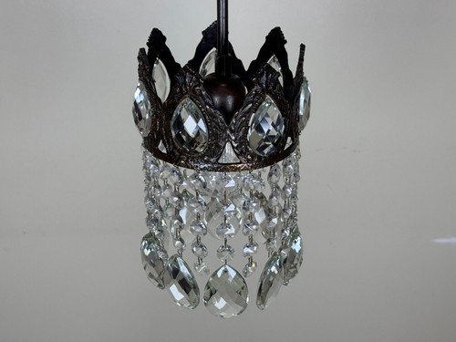 Antique Vintage Brass & Crystals Chandelier Lighting French Style Small Lamp - Picture 4 of 11