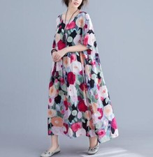 Womens Fashion Summer Round Collar Short Sleeve Loose Printed Cotton Linen Dress