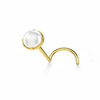 2mm Lab Created Pearl Nose Pin Stud Wedding Piercing Ring 14K Yellow Gold  Finish