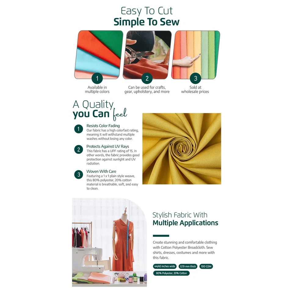 Cotton Polyester Broadcloth (44/45 Inch) Plain Weave Fabric By The Yard - Image 2 of 2