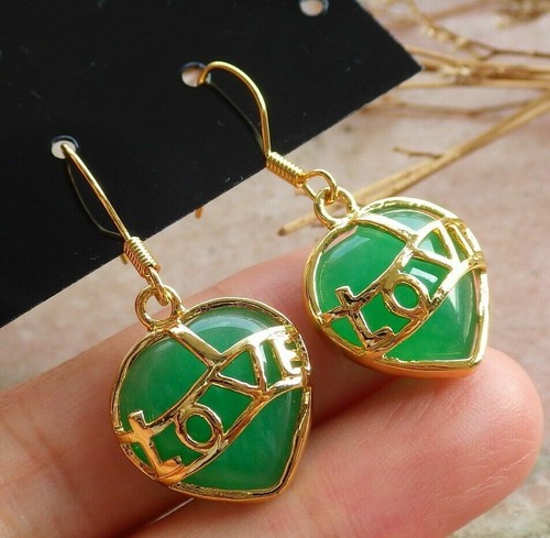 Genuine Green Jade Love Heart Yellow White Gold Plated Luck Hook Dangle Earrings - Picture 4 of 14