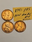 wheat penny 1941,1941d,1941s RED BU SET OF 3 LINCOLN CENTS 1941-p,1941-d,1941-s