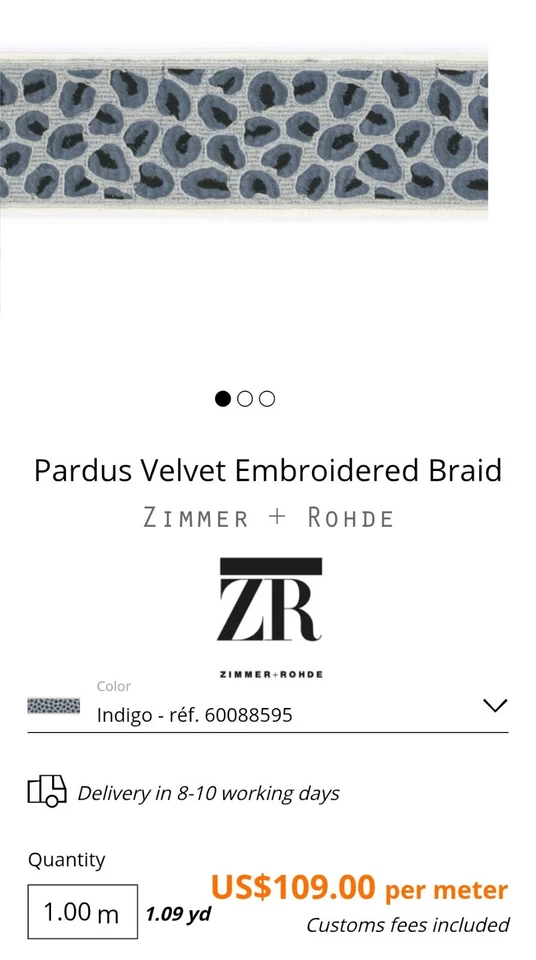 Zimmer + Rhodes Pardus Terciopelo Bordado Indigo Bordado 10 1/8 Yardas Foto 3 de 4