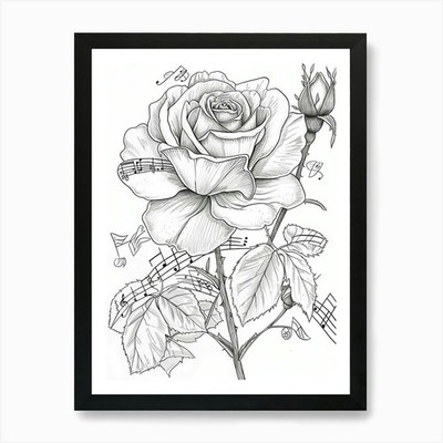Rose Musical Line Drawing 3 Art Pri Framed Wall Art Poster Canvas Print Picture