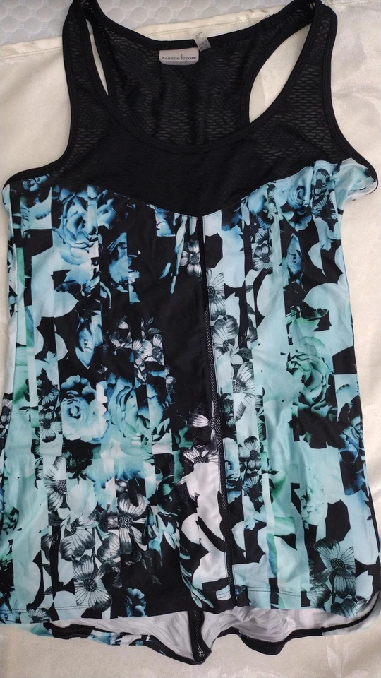 Camiseta sin mangas Nanette Lepore para mujer XS negra azul malla floral espalda deportiva cremallera Foto 3 de 4