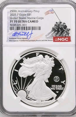 #ad 2025 P Silver Eagle US Marine Corp 250th Privy NGC PF70 Rhett Jeppson INHAND $479.00