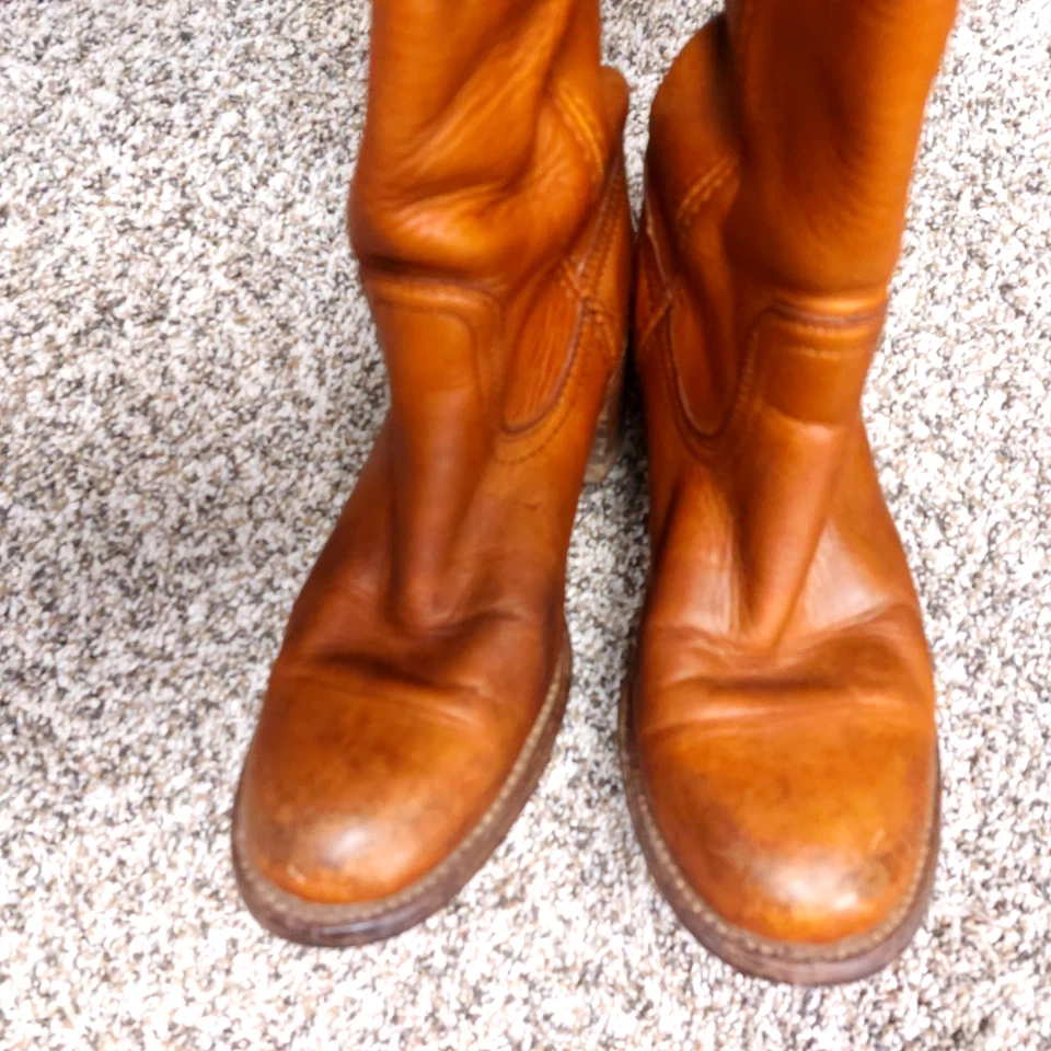 VTG 80s Frye Campus Tall Boots Women 7 B Sunrise Orange Round Toe Knee High - Image 3 of 4