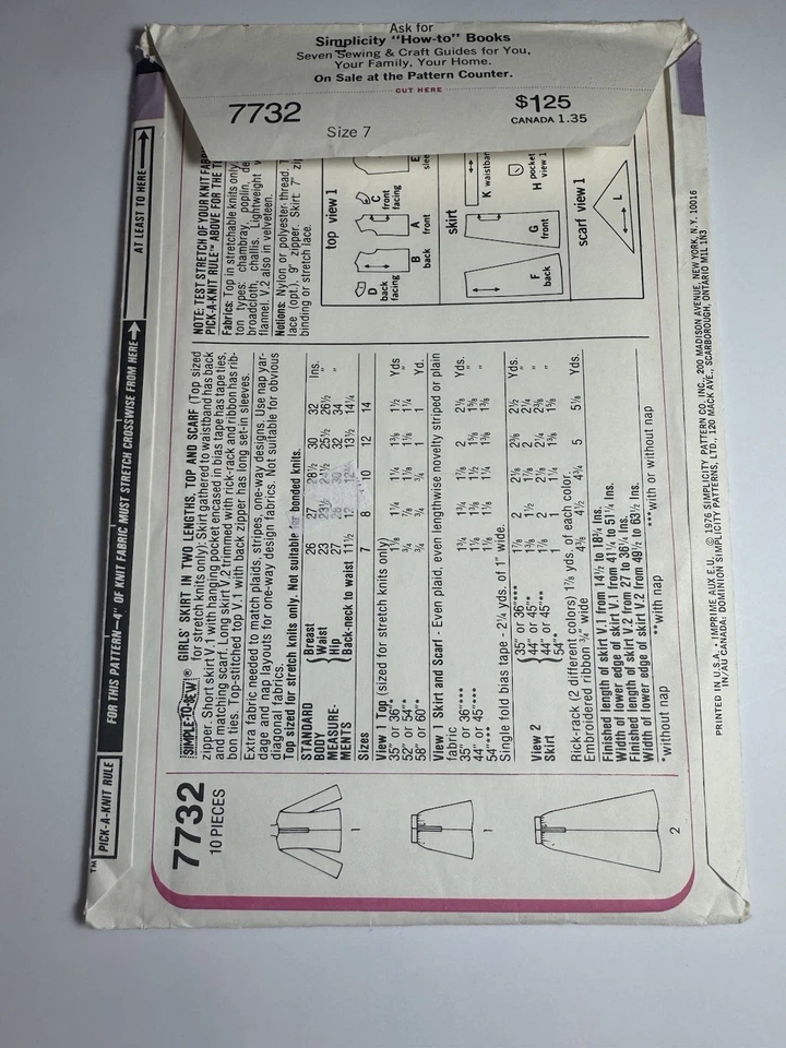 VTG Simplicity 7732 Girls Skirts (2) Lengths Top & Scarf SZ 7 Girls UNCUT;FF - Image 4 of 4