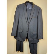 Andrew Fezza Mens Navy Blue Tuxedo Suit 44L Two Button Satin Trim Formal Wedding