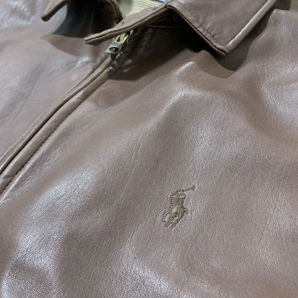 Chaqueta de bombardero vintage Polo Ralph Lauren marrón mantequilla cuero suave con pony para hombre L Foto 2 de 4