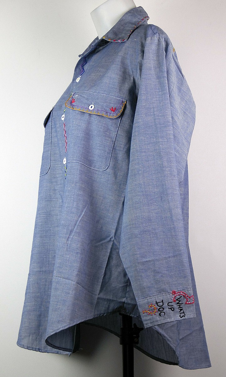 VTG 60s-70s Big Mac Button-Up Hippie Embroidered Blue Chambray