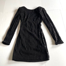 Forever 21 Black Sequin Long Sleeve Bodycon Dress Open Back Shoulder Pads Sz S
