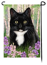 Spring Flowers Garden Flag - Black and White Tuxedo Cat