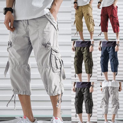 Mens Casual Solid Color Trousers Men Jogger Leisure Capri Bottoms Lightweight