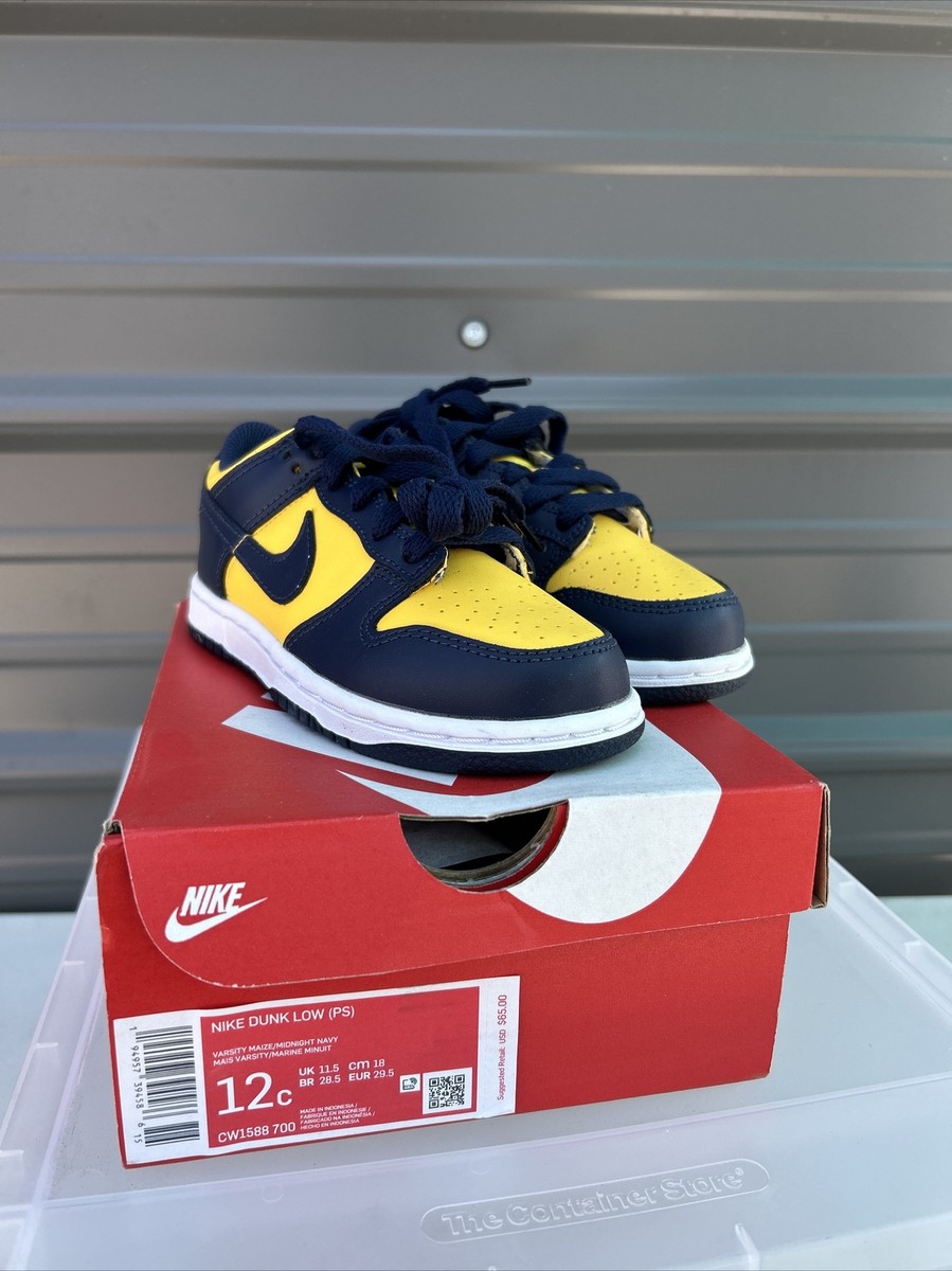 Nike Dunk Low Varsity Maize Michigan Little Kids Size 12c CW1588