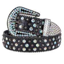 Classic Black Leather Women Western Fashion Belt W/ Bling Rhinestones Crystal