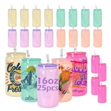 US Warehouse 25pcs 16oz sublimation shimmer mix colored glass cup with lid straw
