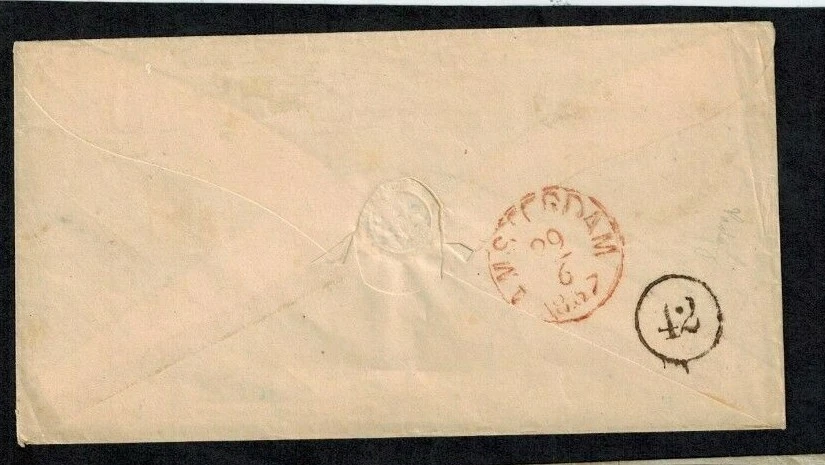 Cubierta de pre-sello de las Indias Orientales Holandesas 1857 con trompeta ONGEFRANKERD PADANG OVALADA  Foto 2 de 2