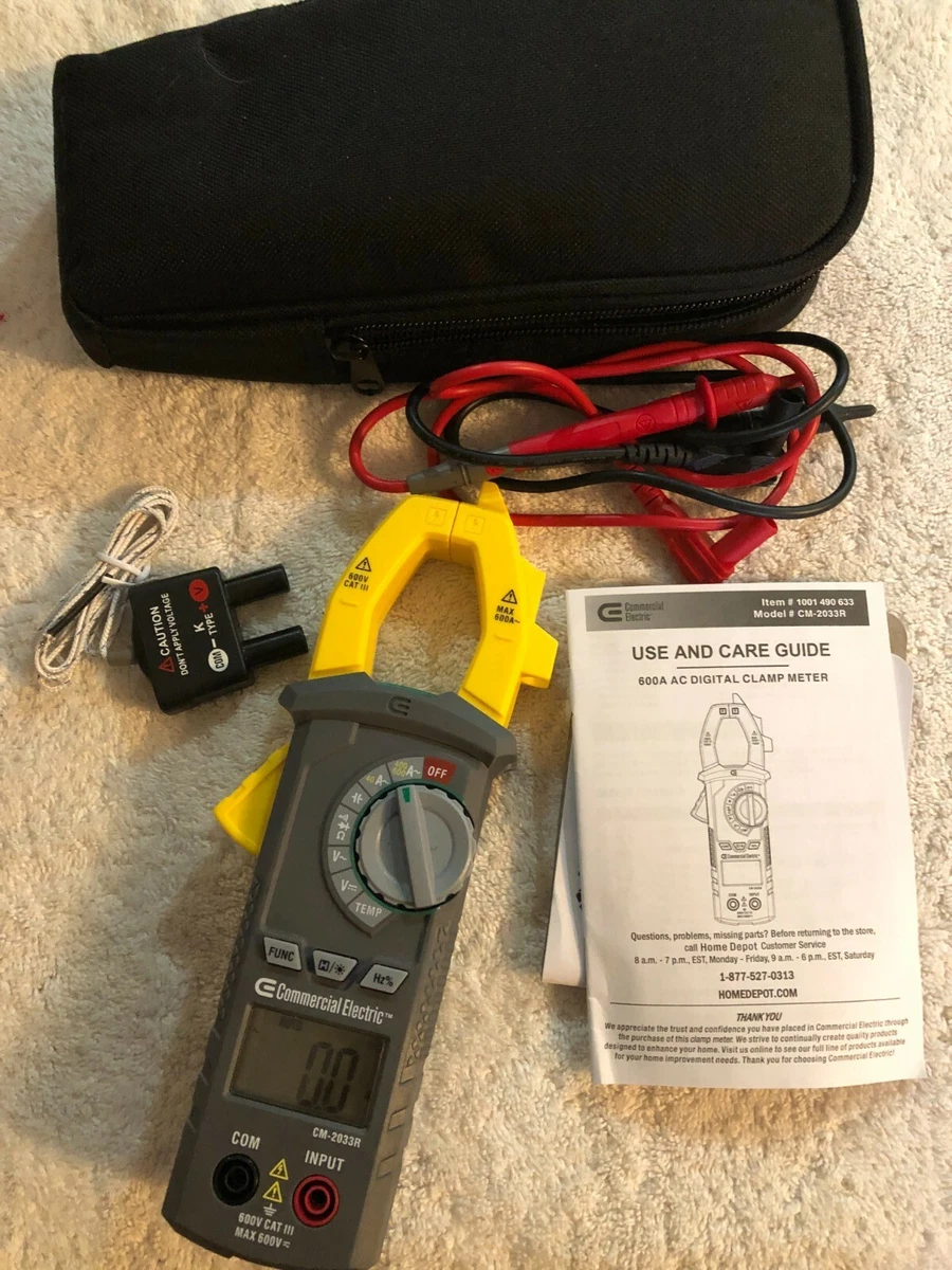 COMMERCIAL ELECTRIC CLAMP Meter W/ Temp 600V AC/DC Voltage, 45 OFF