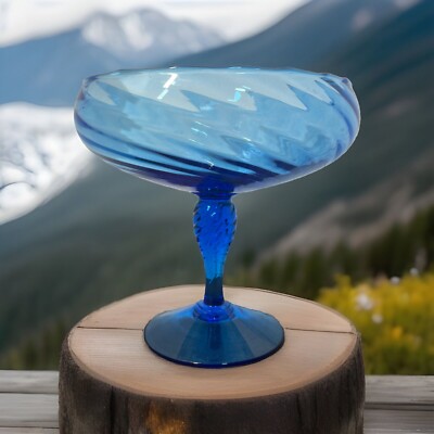 Vintage Empoli 7-1/2  Blue Art Glass Pedestaled Swirl Optic Center Piece BowlMCM