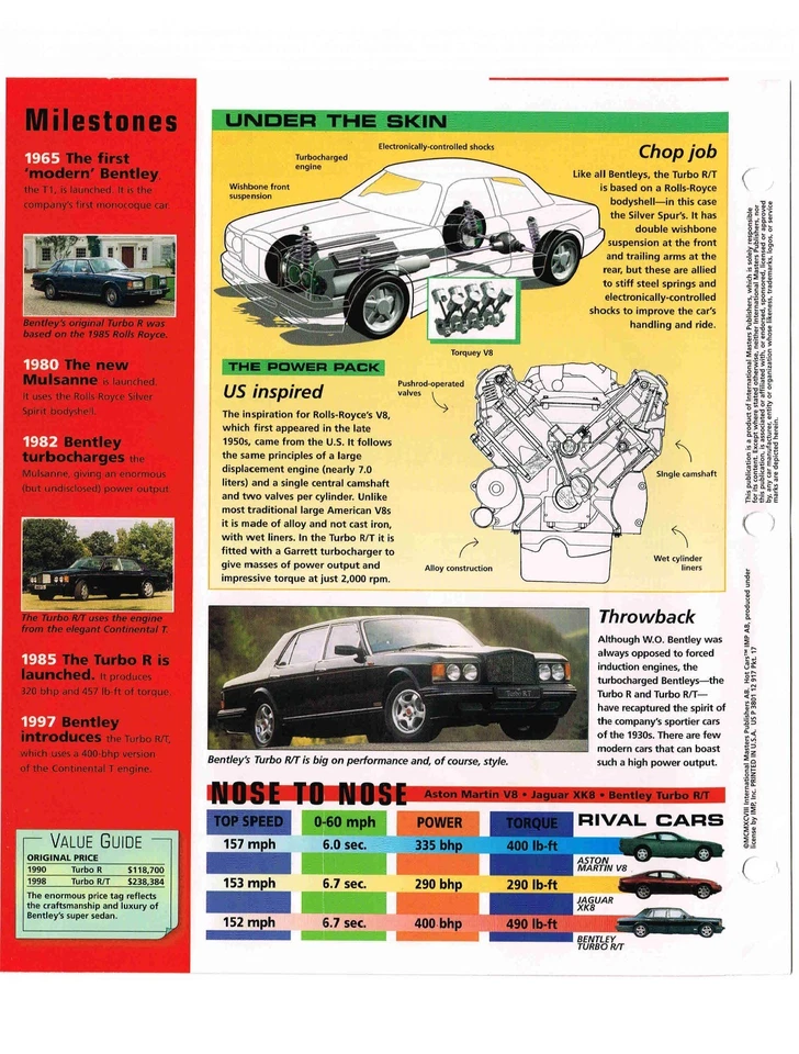 1997/1998 BENTLEY TURBO R/T SPEC SHEET/Brochure/Catalog - Image 3 of 3