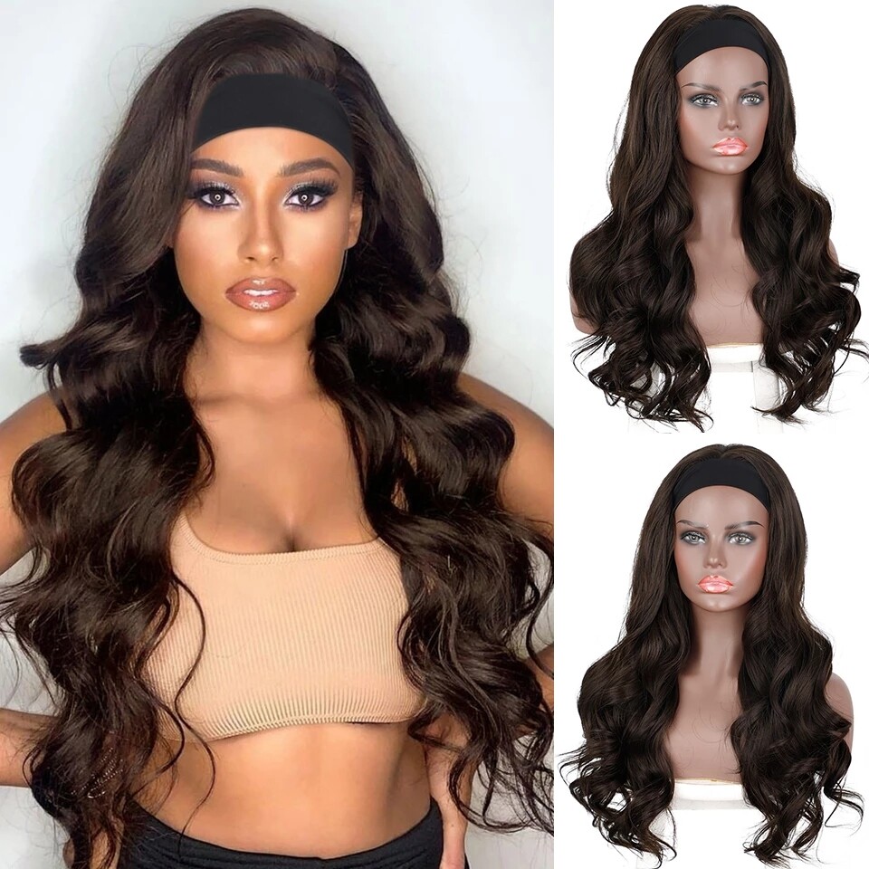 Black Headband Wig Dark Brown Long Wavy Synthetic Heat Safe  display picture 2